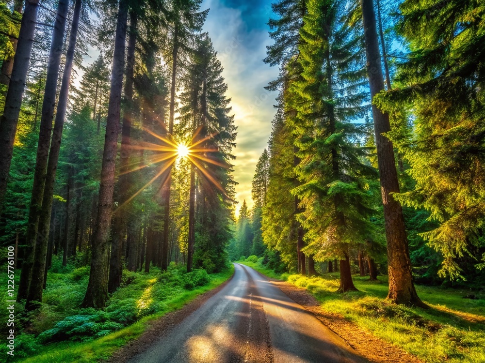 Fototapeta premium Forest Road Through Spruce and Fir Trees - Documentary Photography