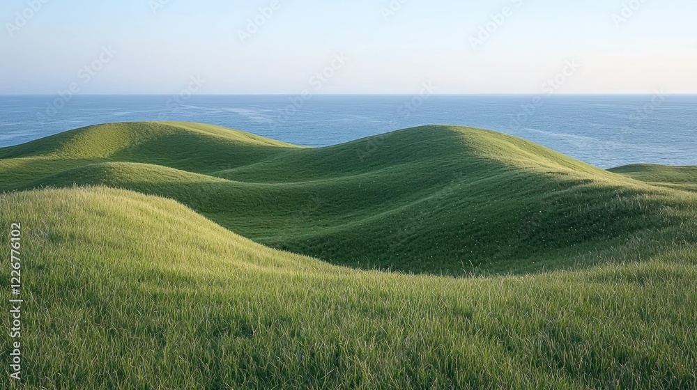 Obraz premium Rolling green hills meet the sea under clear sky.