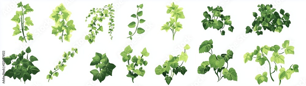 Green ivy cartoon vector set. Grape liana stems shoots climbing leaves plants room garden decorative flora isolated on white background Green ivy cartoon vector set. Grape liana stems shoots climbing leaves plants room garden decorative flora isolated on white background