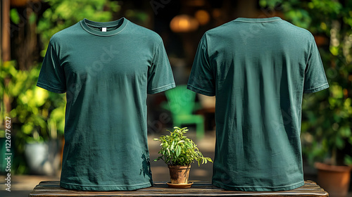Wallpaper Mural Dark Green T-Shirt Mockup on Wooden Surface with Plants Torontodigital.ca