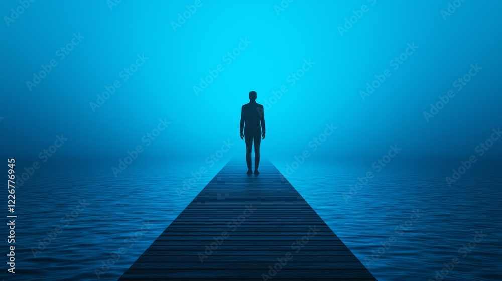 Mysterious Figure Standing on a Narrow Glowing Bridge Amidst a Foggy Background Mysterious Figure Standing on a Narrow Glowing Bridge Amidst a Foggy Background