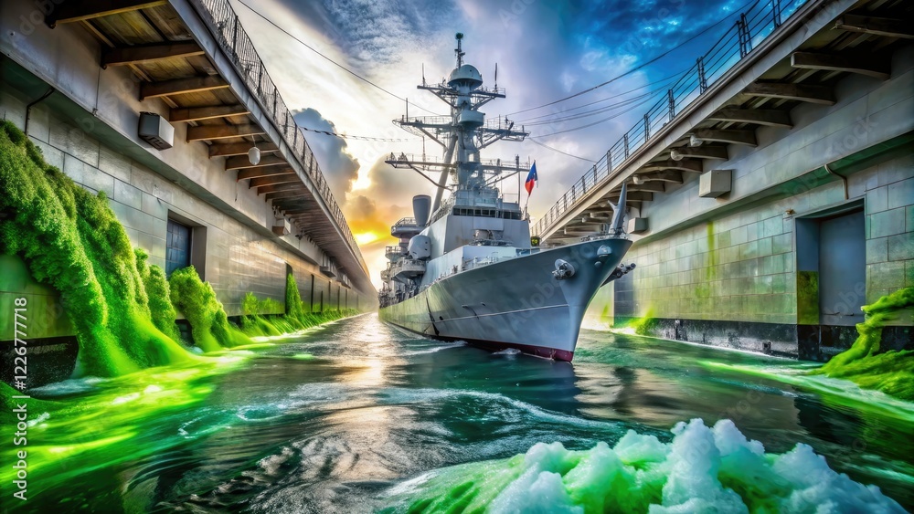 Fototapeta premium Navy destroyer with dripping slime in engine room, engine room, warship, machinery, sea creatures