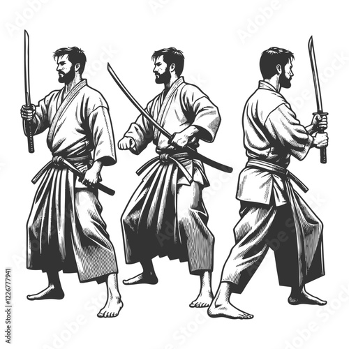 samurai warriors wearing traditional robes, one holding a katana and the other in a defensive stance sketch engraving generative ai vector illustration. Scratch board imitation. Black and white image.