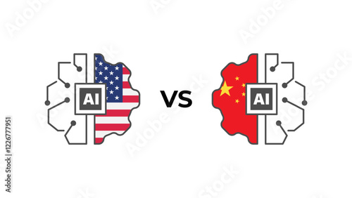 Artificial Intelligence technology competition between America and China. symbols of the flags of America and China