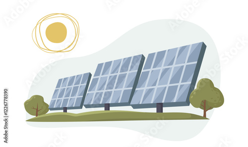 Illustration of solar panels on a grassy field with trees under a shining sun, showcasing clean energy and sustainability. Vector illustration photo