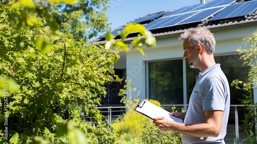 Solar Panel Installation Inspection by a Worker in Front of a Modern Eco-Friendly House