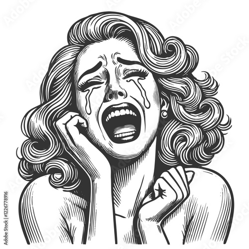 distressed woman with voluminous hair, crying intensely with tears streaming down her face in anguish sketch engraving generative ai vector illustration. Scratch board imitation. Black and white image