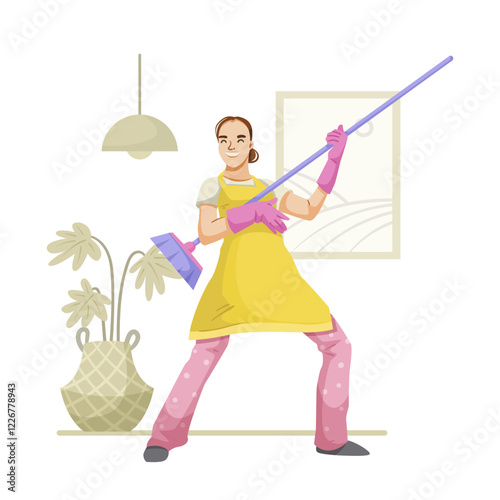 Smiling woman in yellow apron holding mop, posing playfully. Indoors with decor and plants. Concept of fun while doing housework. Vector illustration