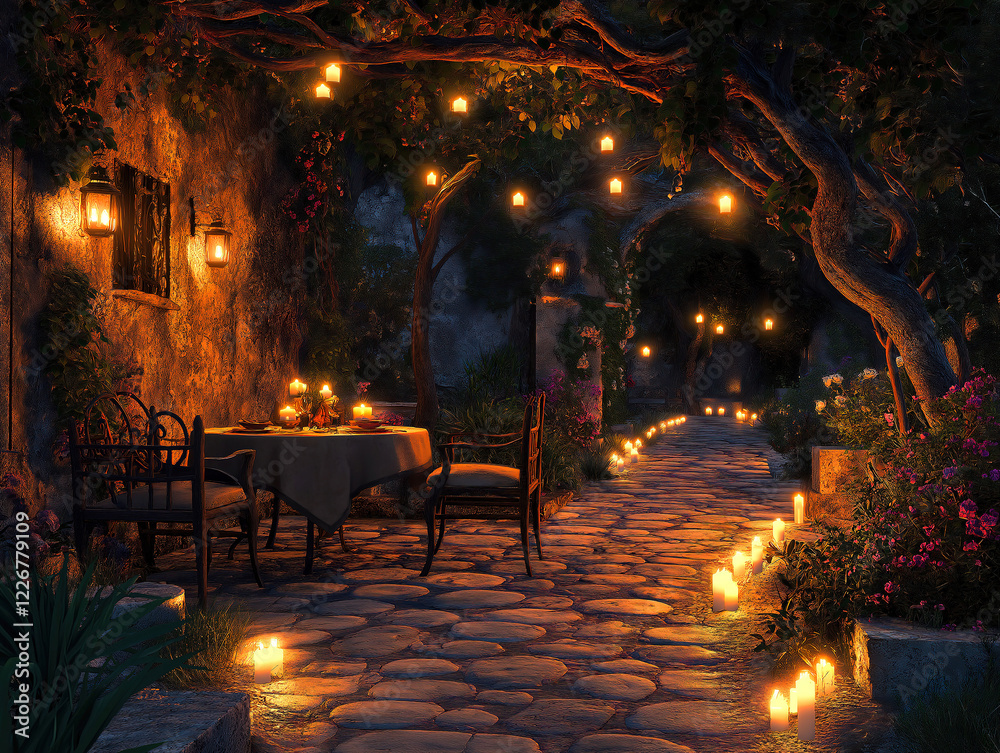 Obraz premium Candlelit walkway ending at a romantic table for two