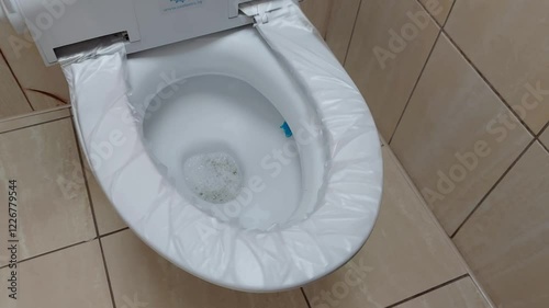 Modern toilet with automatic touch hygienic seat. Safety polyethylene replaceable lining from bacteria and germs, close-up