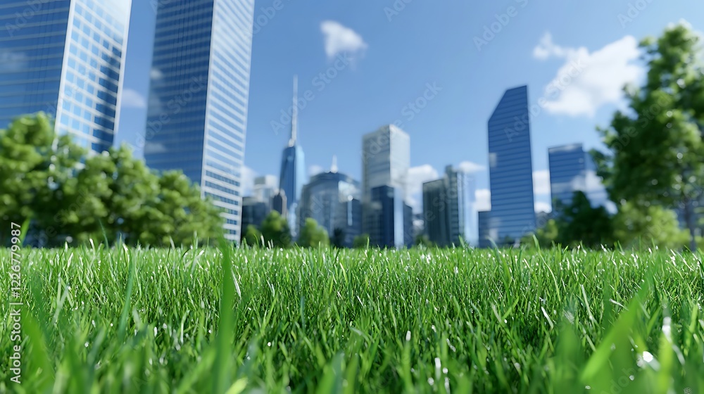 Fototapeta premium Lush Green Grass Underneath a Clear Blue Sky Surrounded by Urban Skyscrapers