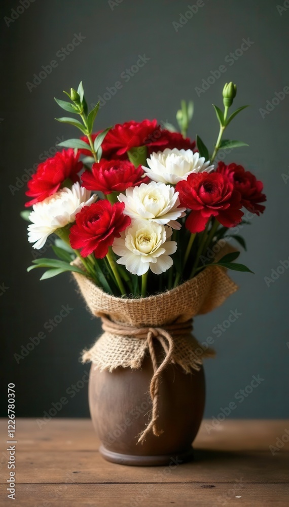 Rustic wooden base adorned with loose bunches of red and white carnations in a burlap wrap, burlap, bouquet Rustic wooden base adorned with loose bunches of red and white carnations in a burlap wrap, burlap, bouquet