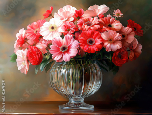 Elegant crystal vase filled with red and pink blooms on a tablev