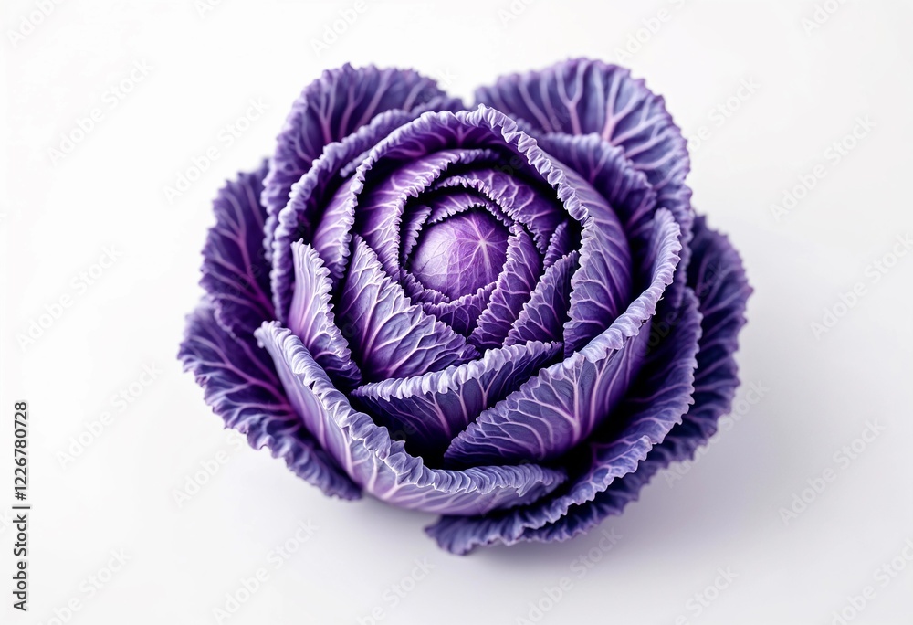 Obraz premium Vibrant Purple Cabbage Shaped Like a Beautiful Rose on a White Backdrop. Generative AI