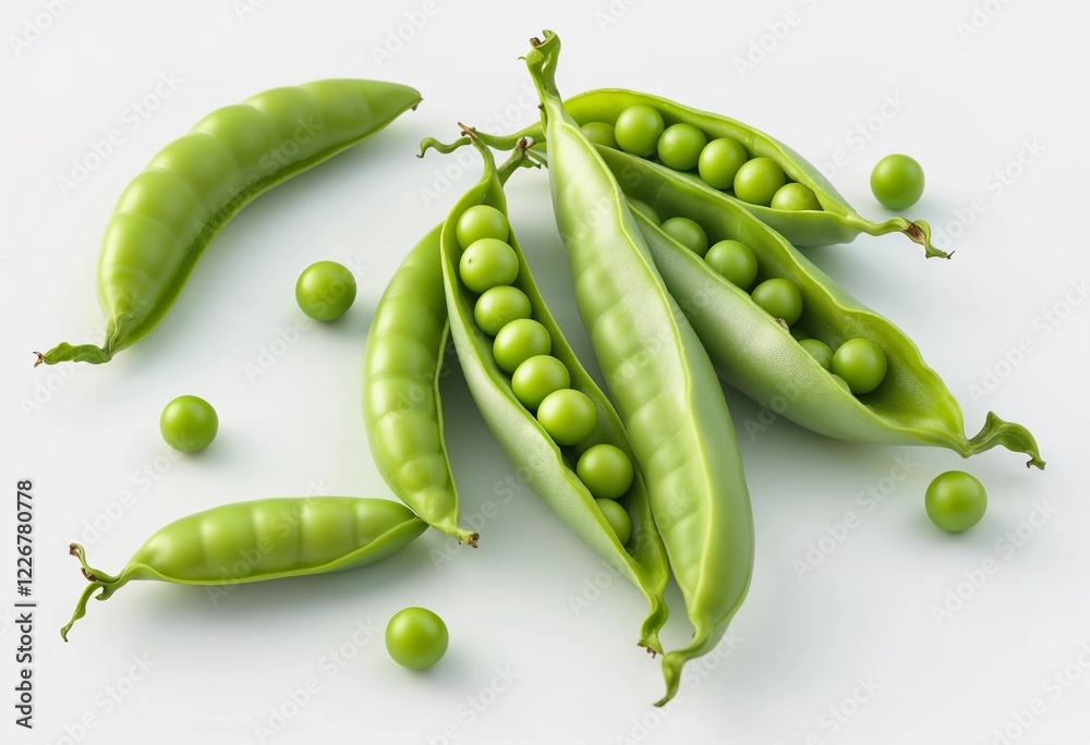 Green Peas in Pods Arranged Artistically on a White Background. Generative AI Green Peas in Pods Arranged Artistically on a White Background. Generative AI