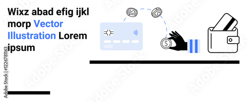 Hand tapping credit card on a reader, digital wallet with credit cards, coins, contactless payment symbol. Ideal for fintech solutions, digital payments, secure transactions, banking, shopping