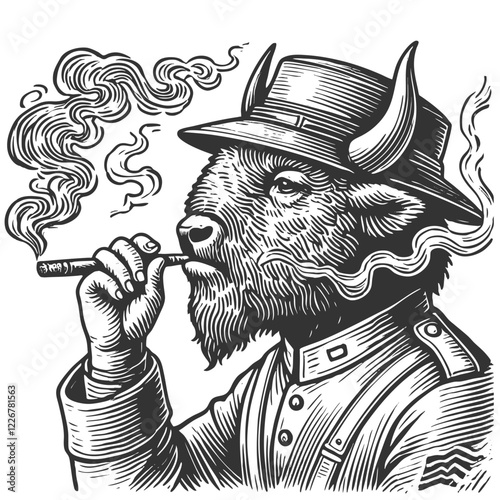 buffalo soldier smoking head adorned with feathers and decorative elements, detailed engraving sketch engraving generative ai vector illustration. Scratch board imitation. Black and white image.