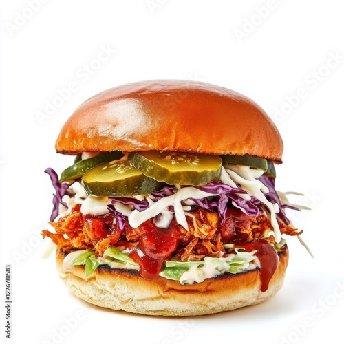 A tangy BBQ pulled jackfruit burger with coleslaw and pickles, isolated white background, minimalist art style