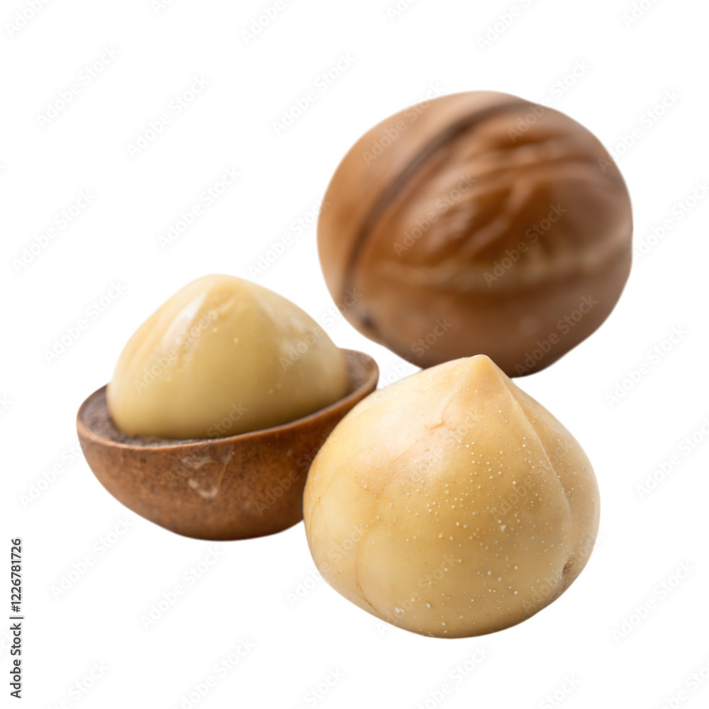 Macadamia nuts on food photography studio environment close-up, isolated on white or transparent background Macadamia nuts on food photography studio environment close-up, isolated on white or transparent background