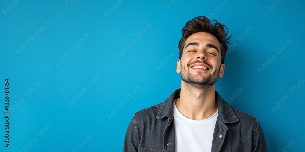 Fototapeta premium Radiant smile, eyes closed in bliss; a young man basks in pure joy against a vibrant blue backdrop.