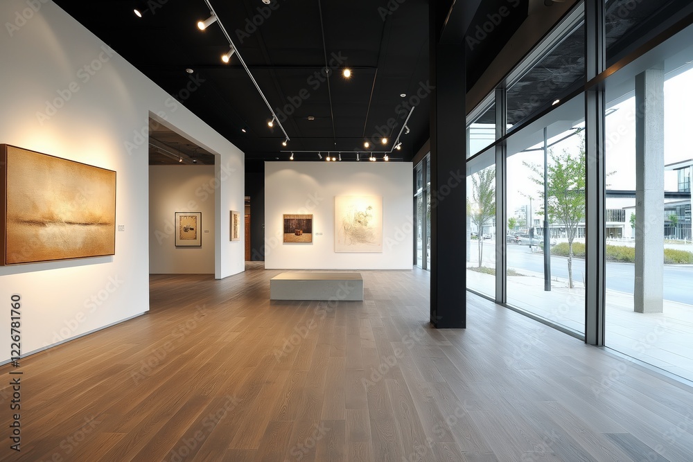 Fototapeta premium Modern Art Gallery Interior with Minimalist Design and Natural Lighting, Ideal for Exhibitions and Events