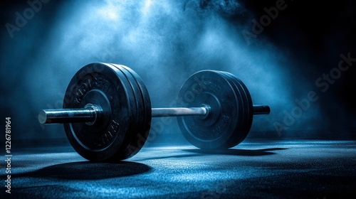 Gym barbell weights, smoky studio, fitness photo