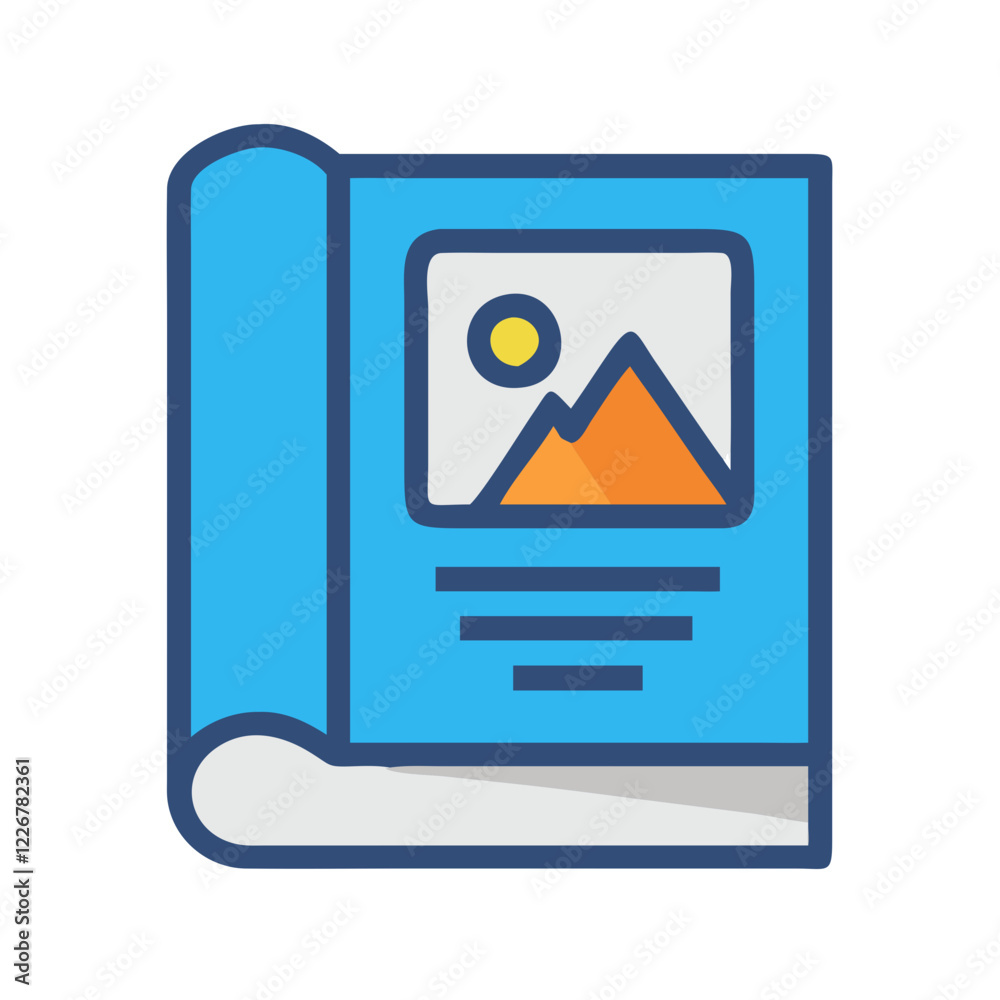 Guidebook Icon showing a mountain landscape with sun Guidebook Icon showing a mountain landscape with sun