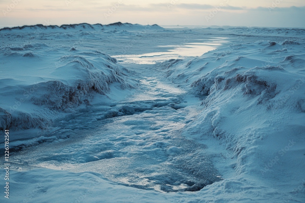 Fototapeta premium A natural stream flows gently through a snow-covered meadow, with trees and hills in the background