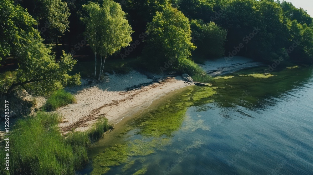 Aerial view of a serene beach with green algae growth on the water's edge Aerial view of a serene beach with green algae growth on the water's edge