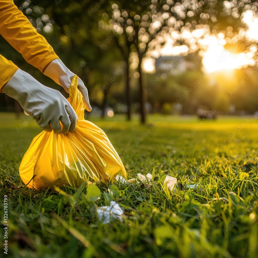 Community cleanup initiative urban park environmental action natural setting close-up view sustainability awareness