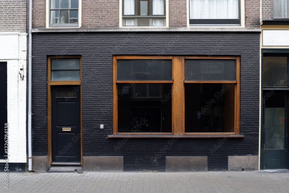 Amidst the hustle of the city, a striking example of modern architecture stands out, featuring elegant wooden window frames and a sleek black brick facade. Amidst the hustle of the city, a striking example of modern architecture stands out, featuring elegant wooden window frames and a sleek black brick facade.