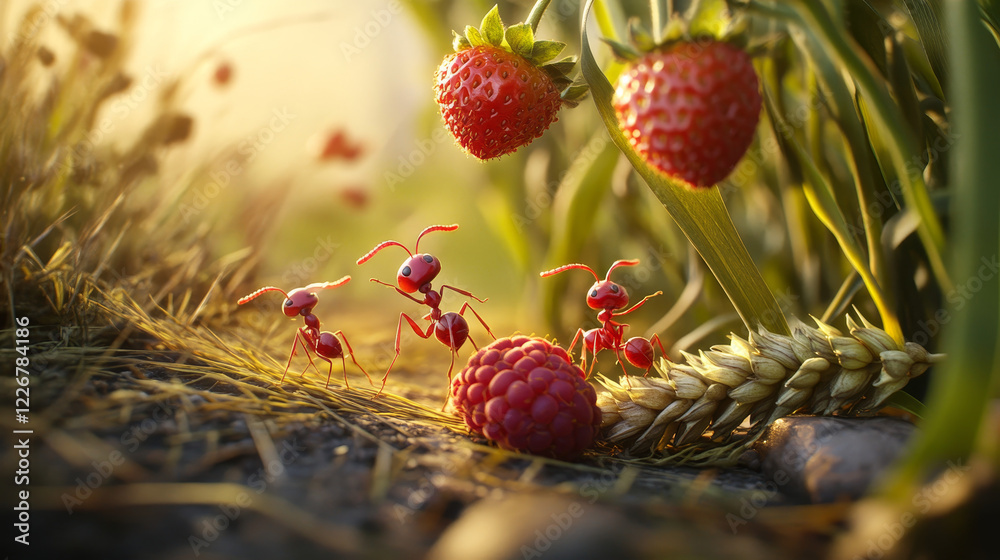 Cartoon ants carrying food to anthill through green grass field and flowers. Funny brown ants insect vector characters with happy smiling faces carrying wheat ear, strawberry and raspberry fruits Cartoon ants carrying food to anthill through green grass field and flowers. Funny brown ants insect vector characters with happy smiling faces carrying wheat ear, strawberry and raspberry fruits