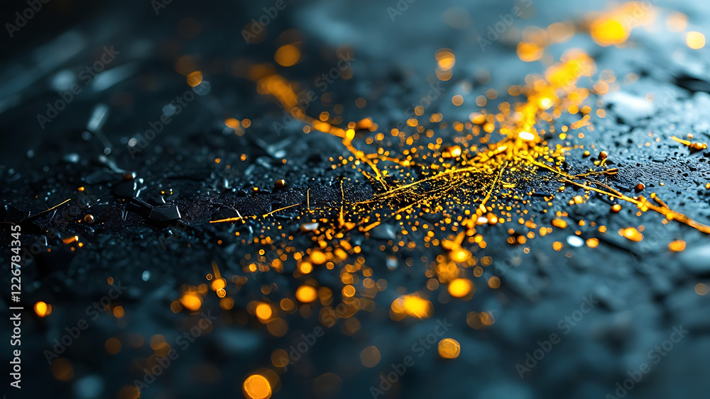Sparks of golden light dancing across a textured surface immersed in atmospheric shadows. Sparks of golden light dancing across a textured surface immersed in atmospheric shadows.