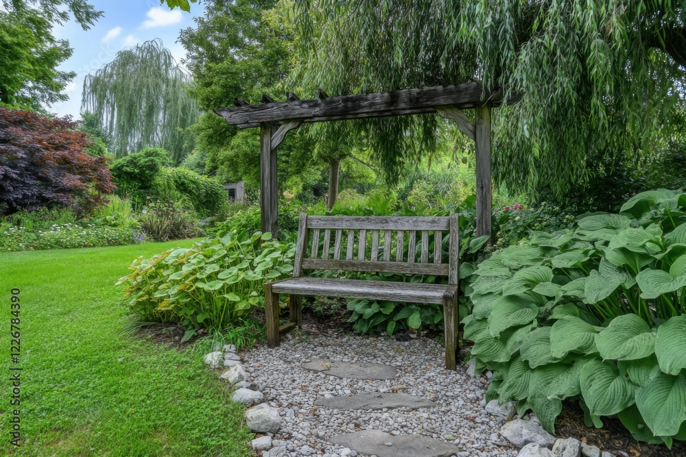 In a serene garden setting bathed in daylight, a charming rustic wooden bench is nestled amidst vibrant green plants, all sheltered beneath a peaceful shaded arbor In a serene garden setting bathed in daylight, a charming rustic wooden bench is nestled amidst vibrant green plants, all sheltered beneath a peaceful shaded arbor
