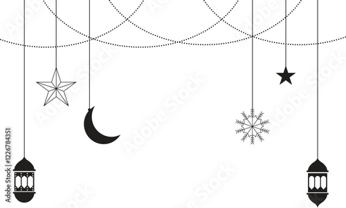 ramadan kareem lantern, star, moon in silhouette for banner design and Ramadan background.