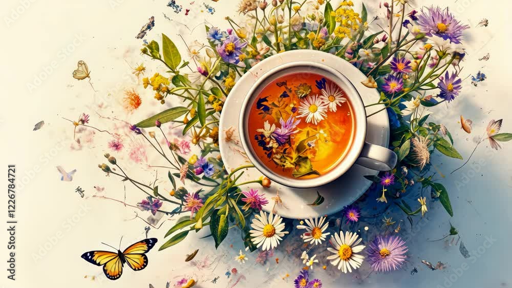 Cup of tea with flowers and herbs on a light background. Selective focus. Cup of tea with flowers and herbs on a light background. Selective focus.
