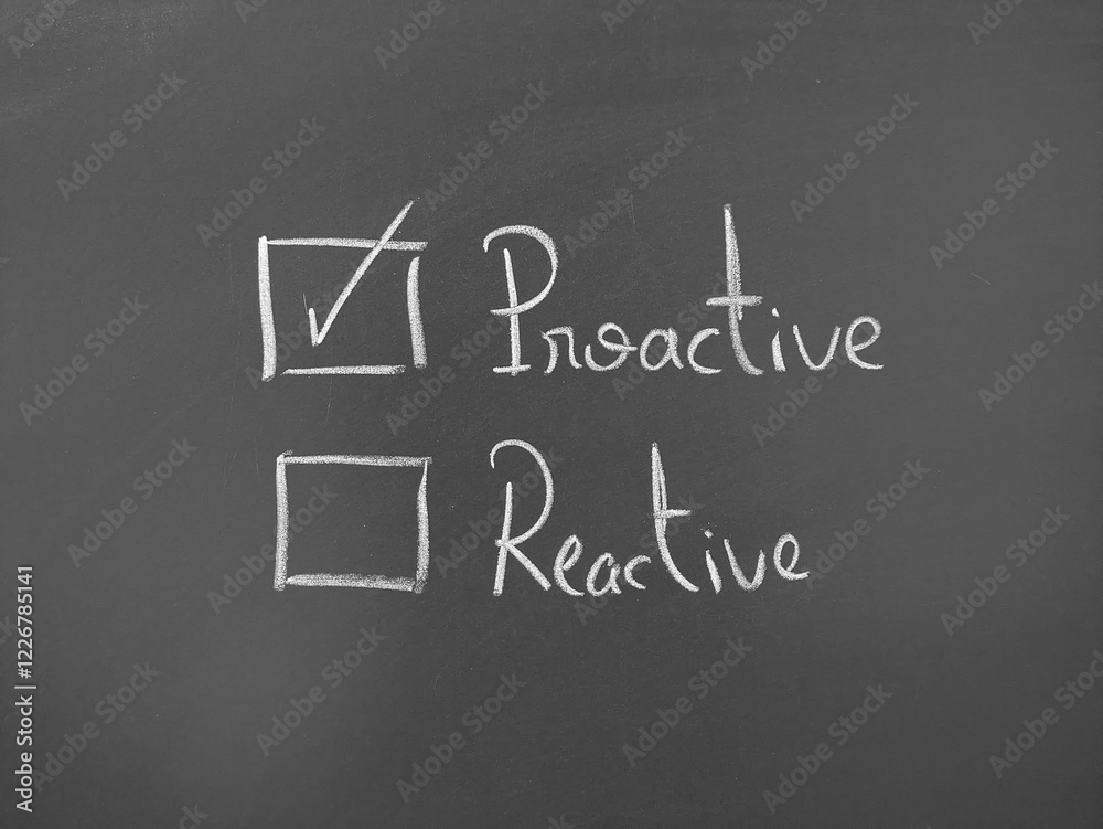 Obraz premium Proactive selected over reactive written on a chalkboard