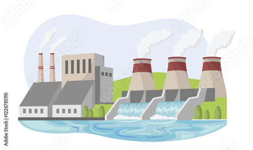 Industrial power plant with chimneys, cooling towers, and water flow, set on a grassy landscape with blue sky. Concept of energy production. Vector illustration