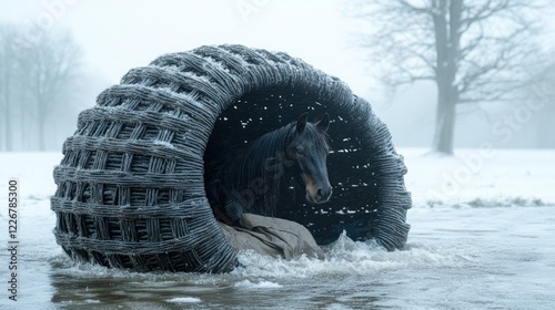 Horse shelter, winter flood, park, art installation photo