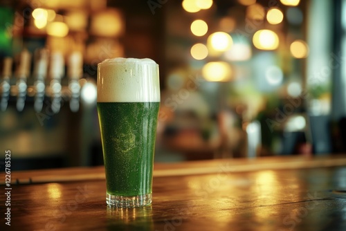 A glass of lager with a light green ale and frothy head, served at a pub or microbrewery tasting room. photo