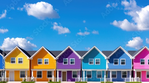 Colorful houses row, sunny day, clouds, suburban neighborhood, real estate