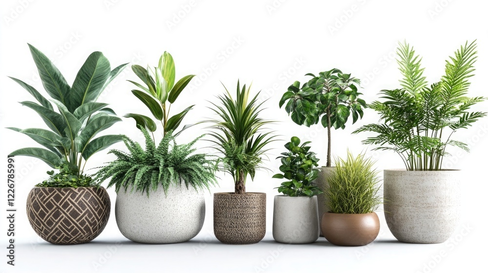 Fototapeta premium Ceramic Pots with Plants: Collection of beautiful plants in ceramic pots isolated on transparent background, 3D rendering,