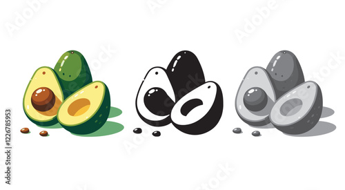Set of fresh two whole and one half avocado isolated on white background. Organic food. and cartoon style. Vector illustration for designing