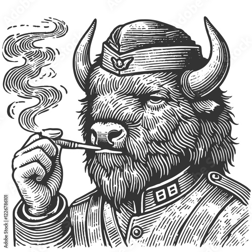 buffalo soldier smoking head adorned with feathers and decorative elements, detailed engraving sketch engraving generative ai vector illustration. Scratch board imitation. Black and white image.