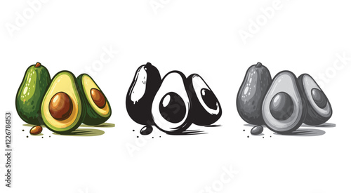 Set of fresh two whole and one half avocado isolated on white background. Organic food. and cartoon style. Vector illustration for designing