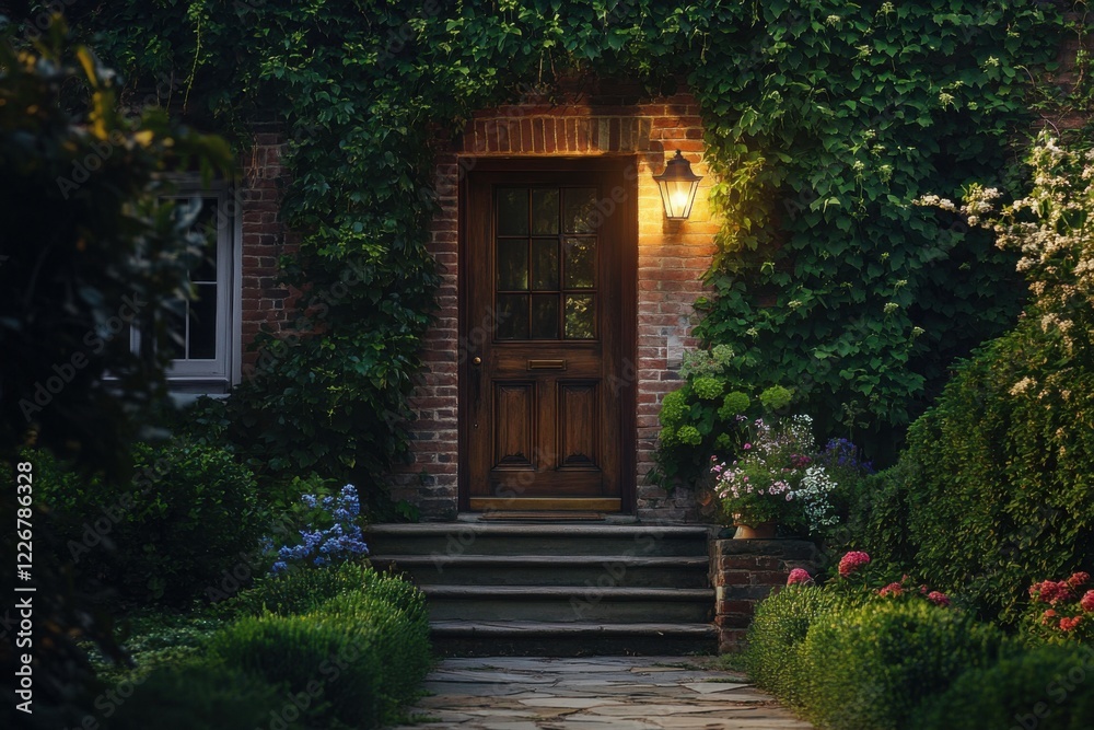 The entrance of a delightful brick house is warmly illuminated, nestled amid vibrant colorful flowers and abundant greenery as evening falls The entrance of a delightful brick house is warmly illuminated, nestled amid vibrant colorful flowers and abundant greenery as evening falls
