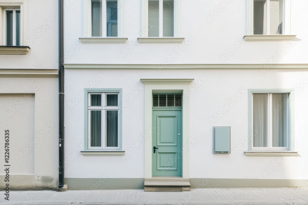 A mint green door stands out, beckoning curiosity amidst the minimalist facade of a building, illuminated by the soft light of day in a serene urban neighborhood A mint green door stands out, beckoning curiosity amidst the minimalist facade of a building, illuminated by the soft light of day in a serene urban neighborhood