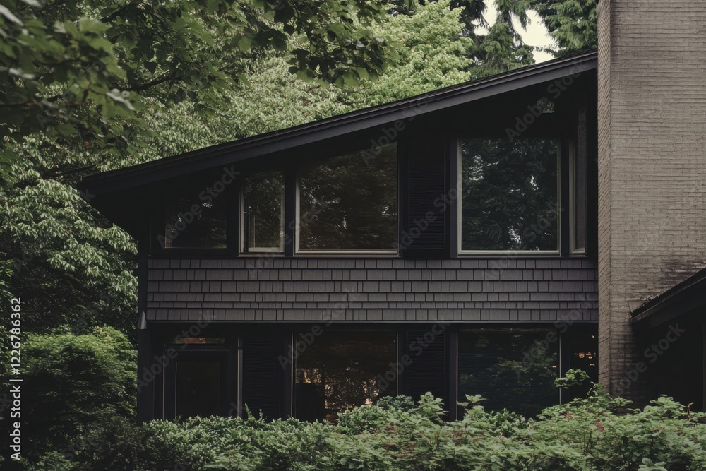 Modern architecture blends harmoniously with nature in a serene neighborhood setting surrounded by lush greenery and trees in the afternoon light Modern architecture blends harmoniously with nature in a serene neighborhood setting surrounded by lush greenery and trees in the afternoon light