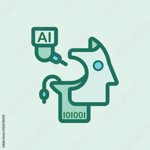 Artificial Intelligence concept with robot head and AI implant and binary code