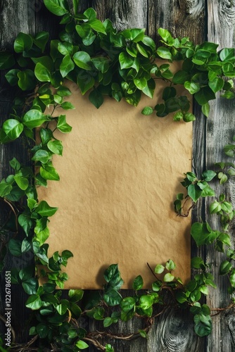 Brown paper with rough texture covered in green ivy vines. Blank space for writing or messages.